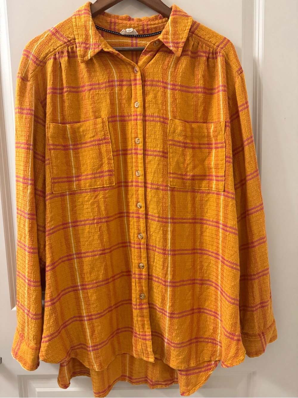 PILCRO Anthropologie Womens XL Mustard Pink Plaid Gauze Button Up Boho Shirt